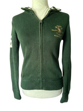 Polo Ralph Lauren Varsity Knit Cardigan Forest Green Full Zip Sweater w/ Patch S
